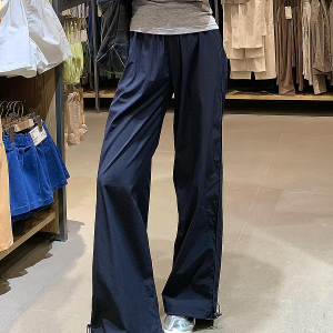 Navy Blue Wide-Leg Straight-Leg Work Pants for Women - Retro Casual Summer Sports Trousers