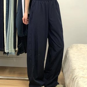 Navy Blue Women's Wide-Leg Casual Pants - Versatile Summer Loose Draping Trousers for Work & Hip-Hop Style