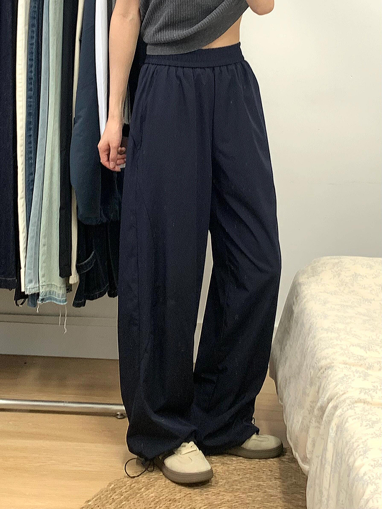 Navy Blue Women's Wide-Leg Casual Pants - Versatile Summer Loose Draping Trousers for Work & Hip-Hop Style Navy Blue Women's Wide-Leg Casual Pants - Versatile Summer Loose Draping Trousers for Work & Hip-Hop Style