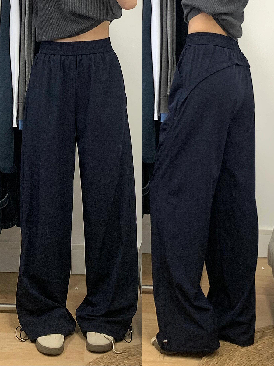 Navy Blue Women's Wide-Leg Casual Pants - Versatile Summer Loose Draping Trousers for Work & Hip-Hop Style Navy Blue Women's Wide-Leg Casual Pants - Versatile Summer Loose Draping Trousers for Work & Hip-Hop Style