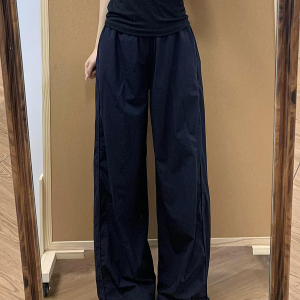 Navy Blue Women's Wide-Leg Work Pants - Loose Fit, Versatile Casual Trousers for Summer 2025, Slimming Straight-Leg Sports Style