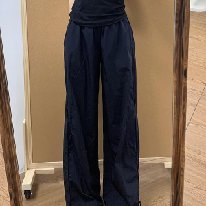 Navy Blue Women's Wide-Leg Work Pants - Loose Fit, Versatile Casual Trousers for Summer 2025, Slimming Straight-Leg Sports Style