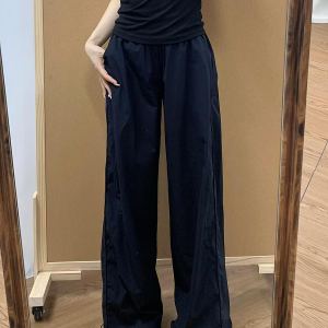 Navy Blue Women's Wide-Leg Work Pants - Loose Fit, Versatile Casual Trousers for Summer 2025, Slimming Straight-Leg Sports Style