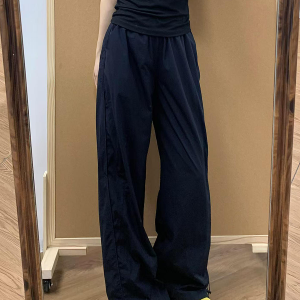 Navy Blue Women's Wide-Leg Work Pants - Loose Fit, Versatile Casual Trousers for Summer 2025, Slimming Straight-Leg Sports Style