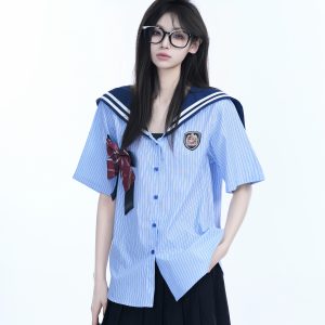 Navy Collar Bow Short-Sleeve Blouse for Women - Trendy Loose College Style Top with Unique Design