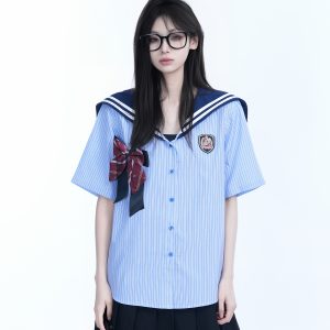 Navy Collar Bow Short-Sleeve Blouse for Women - Trendy Loose College Style Top with Unique Design