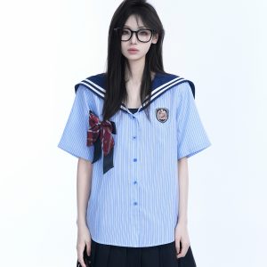 Navy Collar Bow Short-Sleeve Blouse for Women - Trendy Loose College Style Top with Unique Design
