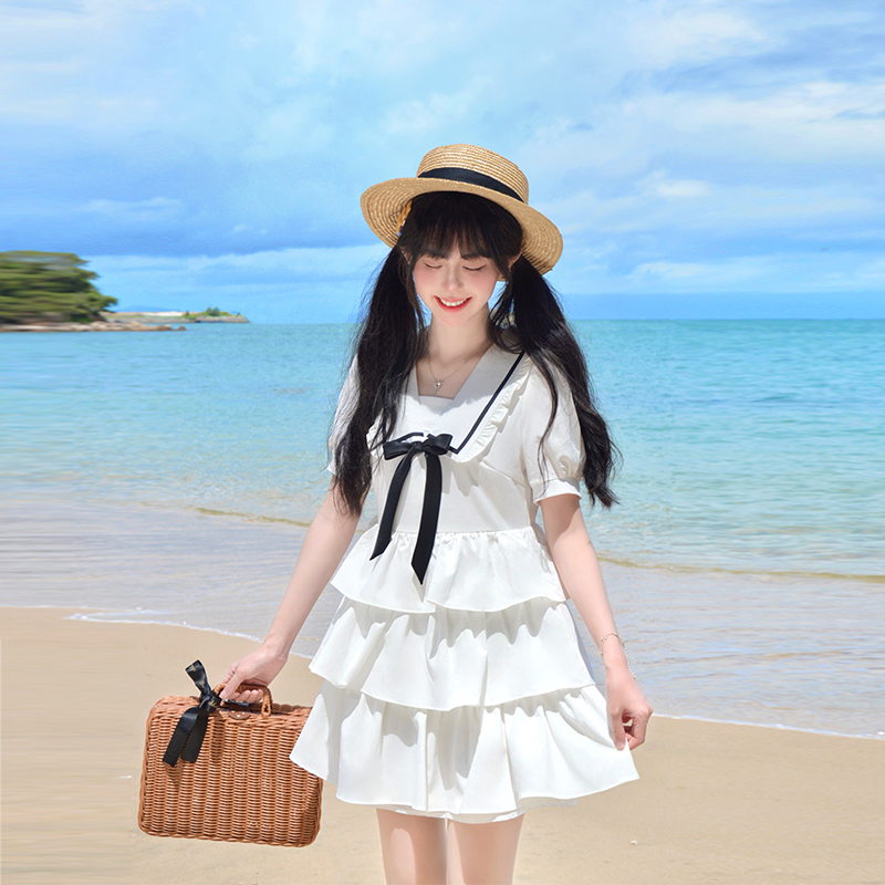 Navy Collar Bowknot College Style Mid-Length Dress with Pudding Bear Print and Cake Skirt – Vintage-Inspired Fashion for Y2K Lovers