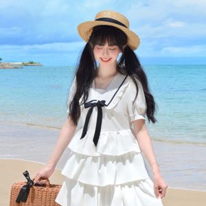 Navy Collar Bowknot College Style Mid-Length Dress with Pudding Bear Print and Cake Skirt – Vintage-Inspired Fashion for Y2K Lovers