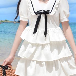 Navy Collar Bowknot College Style Mid-Length Dress with Pudding Bear Print and Cake Skirt – Vintage-Inspired Fashion for Y2K Lovers