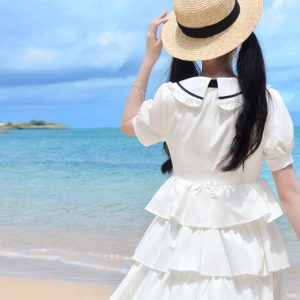 Navy Collar Bowknot College Style Mid-Length Dress with Pudding Bear Print and Cake Skirt – Vintage-Inspired Fashion for Y2K Lovers