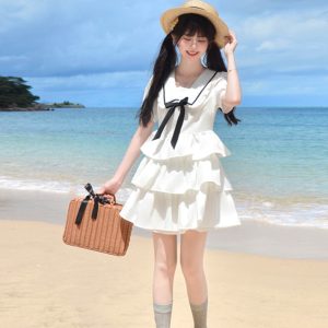 Navy Collar Bowknot College Style Mid-Length Dress with Pudding Bear Print and Cake Skirt – Vintage-Inspired Fashion for Y2K Lovers