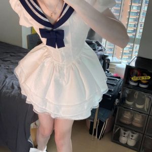 Navy Collar Bubble Sleeve Waist-Cinching Dress for Women - Summer JK Style Slim-Fit Puff Skirt