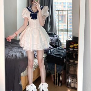 Navy Collar Bubble Sleeve Waist-Cinching Dress for Women - Summer JK Style Slim-Fit Puff Skirt