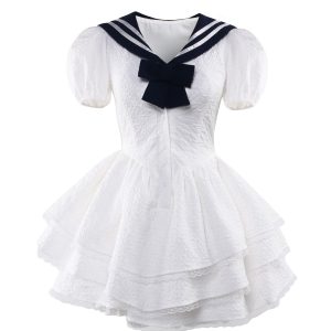 Navy Collar Bubble Sleeve Waist-Cinching Dress for Women - Summer JK Style Slim-Fit Puff Skirt