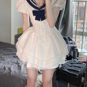 Navy Collar Bubble Sleeve Waist-Cinching Dress for Women - Summer JK Style Slim-Fit Puff Skirt