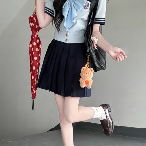 Navy Collar Japanese JK Uniform Sailor Suit Set with Waist-Defined Design - College Style Pudding Bear Aesthetic