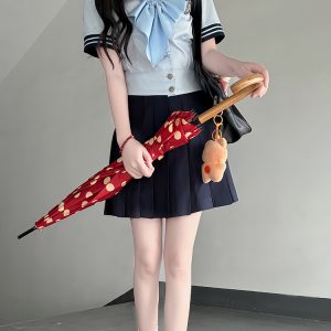 Navy Collar Japanese JK Uniform Sailor Suit Set with Waist-Defined Design - College Style Pudding Bear Aesthetic