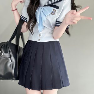 Navy Collar Japanese JK Uniform Sailor Suit Set with Waist-Defined Design - College Style Pudding Bear Aesthetic