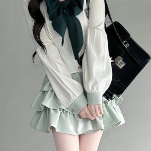 Navy Collar JK Uniform Cake Skirt with Long Sleeve Top, College Style Japanese Sailor Suit, Slimming Outfit for Women