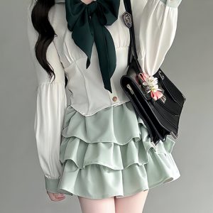 Navy Collar JK Uniform Cake Skirt with Long Sleeve Top, College Style Japanese Sailor Suit, Slimming Outfit for Women