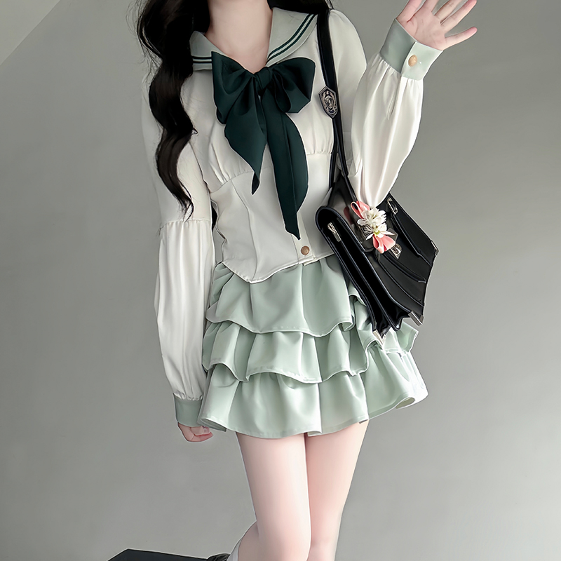 Navy Collar JK Uniform Cake Skirt with Long Sleeve Top, College Style Japanese Sailor Suit, Slimming Outfit for Women