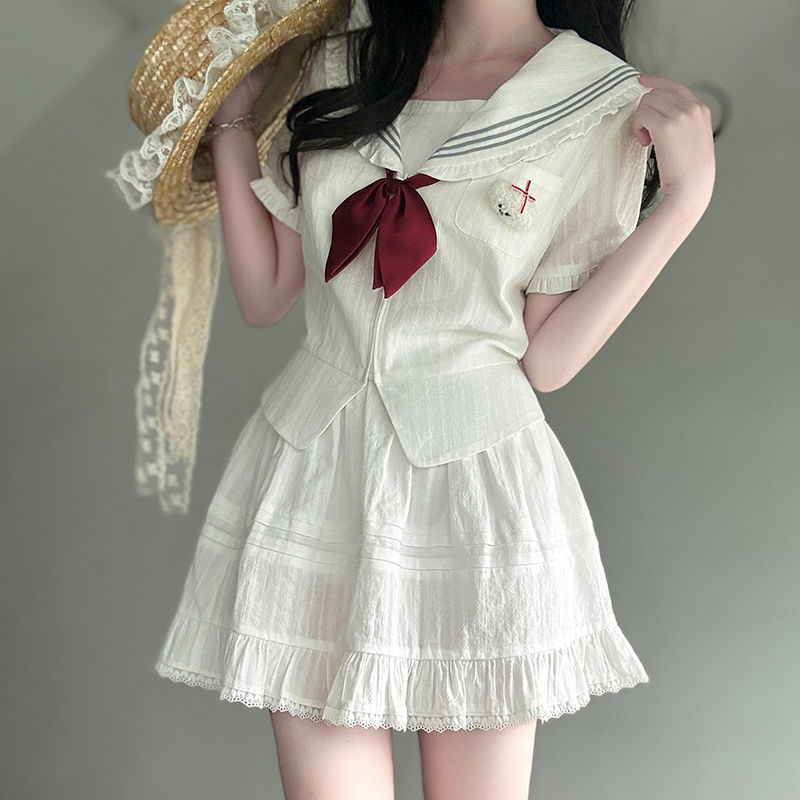 Navy Collar Korean-style Pudding Bear JK Uniform Sweet Summer Sailor Suit Set 2025, French Fashion Inspired