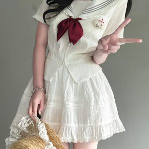 Navy Collar Korean-style Pudding Bear JK Uniform Sweet Summer Sailor Suit Set 2025, French Fashion Inspired