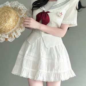 Navy Collar Korean-style Pudding Bear JK Uniform Sweet Summer Sailor Suit Set 2025, French Fashion Inspired