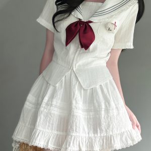 Navy Collar Korean-style Pudding Bear JK Uniform Sweet Summer Sailor Suit Set 2025, French Fashion Inspired