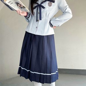 Navy Collar Long Sleeve Top and Blue Long Skirt Set - Pudding Bear JK Style, School Supply Fashion, Y2K Academy Chic