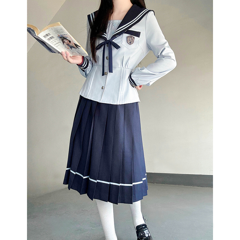 Navy Collar Long Sleeve Top and Blue Long Skirt Set - Pudding Bear JK Style, School Supply Fashion, Y2K Academy Chic