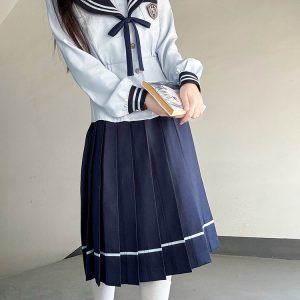 Navy Collar Long Sleeve Top and Blue Long Skirt Set - Pudding Bear JK Style, School Supply Fashion, Y2K Academy Chic