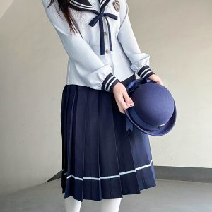Navy Collar Long Sleeve Top and Blue Long Skirt Set - Pudding Bear JK Style, School Supply Fashion, Y2K Academy Chic