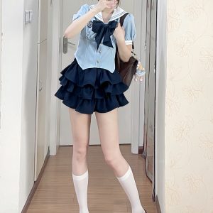 Navy Collar Pudding Bear JK Uniform Sailor Suit Set with Cake Skirt - Slimming College Style Outfit for 90s and Y2K Fashion Lovers