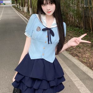 Navy Collar Pudding Bear JK Uniform Sailor Suit Set with Cake Skirt - Slimming College Style Outfit for 90s and Y2K Fashion Lovers