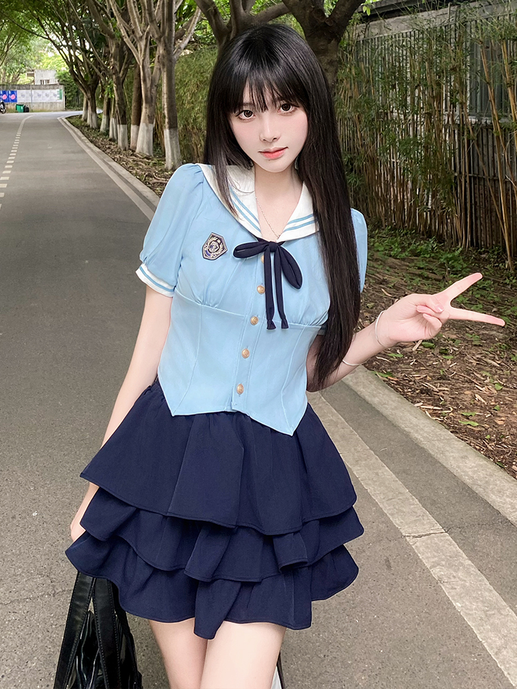 Navy Collar Pudding Bear JK Uniform Sailor Suit Set with Cake Skirt - Slimming College Style Outfit for 90s and Y2K Fashion Lovers Navy Collar Pudding Bear JK Uniform Sailor Suit Set with Cake Skirt - Slimming College Style Outfit for 90s and Y2K Fashion Lovers