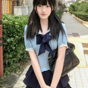 Navy Collar Pudding Bear JK Uniform Sailor Suit Set with Cake Skirt - Slimming College Style Outfit for 90s and Y2K Fashion Lovers