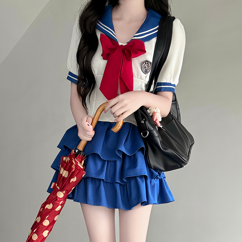 Navy Collar Pudding Bear JK Uniform Women's Summer Sweet College Style Short Sleeve Sailor Suit with Waist-Collecting Cake Skirt