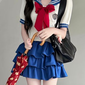 Navy Collar Pudding Bear JK Uniform Women's Summer Sweet College Style Short Sleeve Sailor Suit with Waist-Collecting Cake Skirt