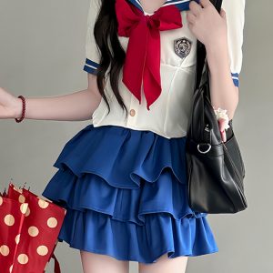 Navy Collar Pudding Bear JK Uniform Women's Summer Sweet College Style Short Sleeve Sailor Suit with Waist-Collecting Cake Skirt