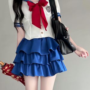 Navy Collar Pudding Bear JK Uniform Women's Summer Sweet College Style Short Sleeve Sailor Suit with Waist-Collecting Cake Skirt