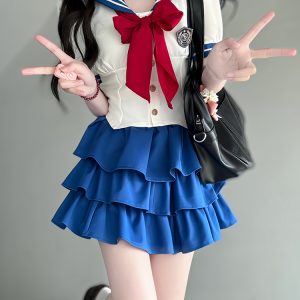 Navy Collar Pudding Bear JK Uniform Women's Summer Sweet College Style Short Sleeve Sailor Suit with Waist-Collecting Cake Skirt
