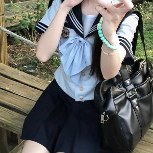 Navy Collar Sailor Suit Set - Japanese JK Uniform with Pudding Bear Design - Cute School Style Outfit for Y2K Fashion Lovers