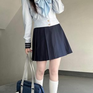 Navy Collar Sailor Suit Set - Japanese JK Uniform with Pudding Bear Design - Cute School Style Outfit for Y2K Fashion Lovers