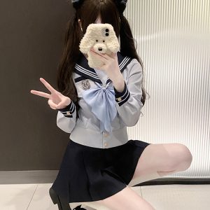 Navy Collar Sailor Suit Set - Japanese JK Uniform with Pudding Bear Design - Cute School Style Outfit for Y2K Fashion Lovers