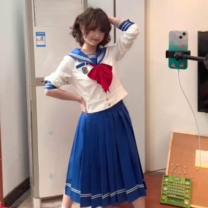 Navy Collar Sailor Suit Set - Japanese JK Uniform with Waist-Defined Short Sleeves - College Style Pudding Bear Design for Students