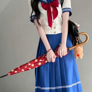 Navy Collar Sailor Suit Set - Japanese JK Uniform with Waist-Defined Short Sleeves - College Style Pudding Bear Design for Students