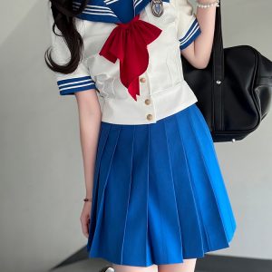Navy Collar Sailor Suit Set - Japanese JK Uniform with Waist-Defined Short Sleeves - College Style Pudding Bear Design for Students