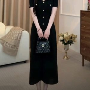 Navy Collar Short Sleeve Plus-Size Dress for Curvy Figures - Trendy Summer Style, Flattering Fit, Elegant Black Dress